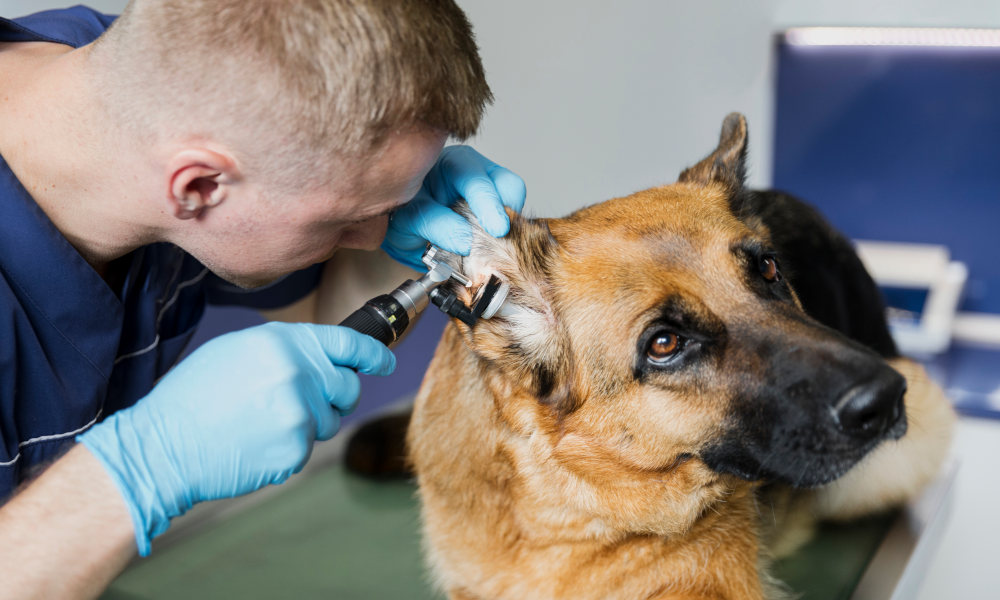 Veterinario examinando el oído de un pastor alemán